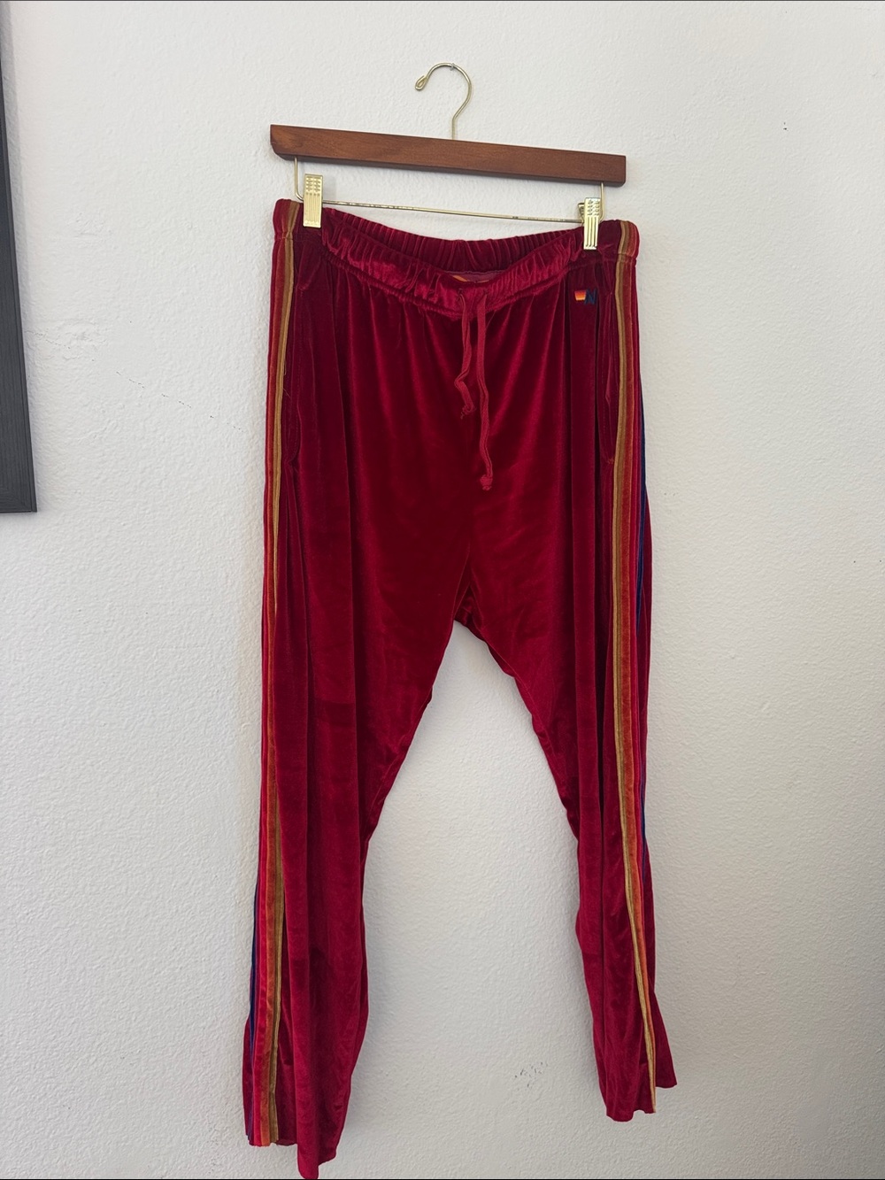 Aviator Nation Men Velvet Jogger Pants in Burgundy with Side Stripes and Pockets